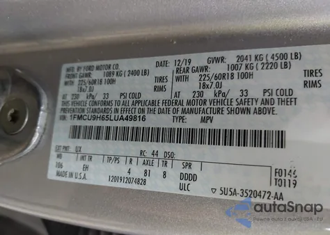 2020 Ford Escape Sel from USA, damaged, VIN 1FMCU9H65LUA49816